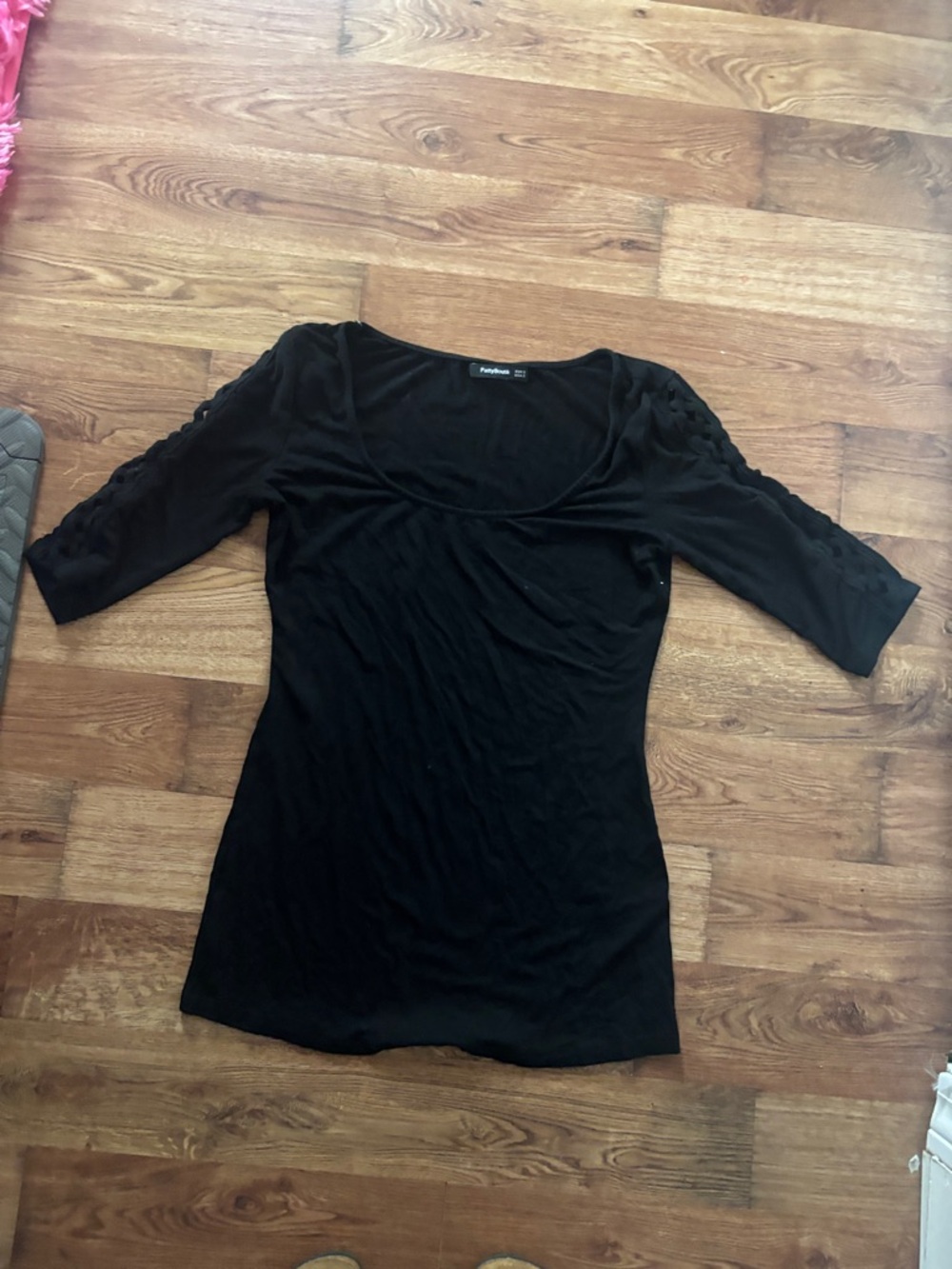 PattyBoutik Black Scoop Neck Short Sleeve Knit Top with Braided Sleeve Detail